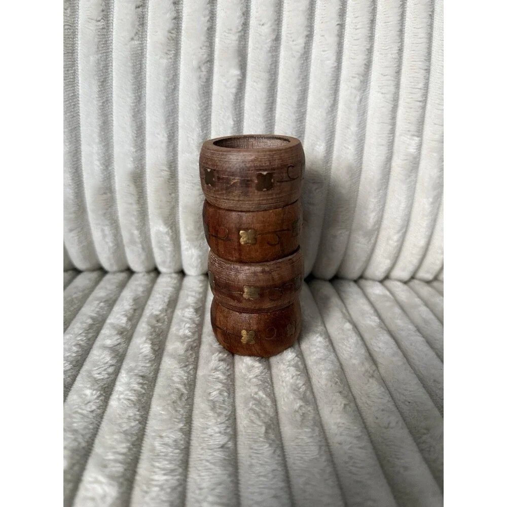 Vintage 1960s India Wood Napkin Rings Brass Clover Inlay Set of 4 Hand Carved